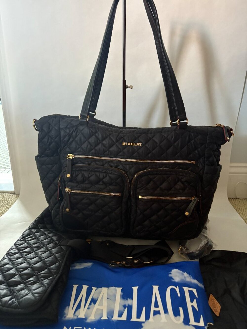 MZ Wallace Lrg Black Crosby Quilted Nylon Weekend Diaper Travel Bag Leather Trim